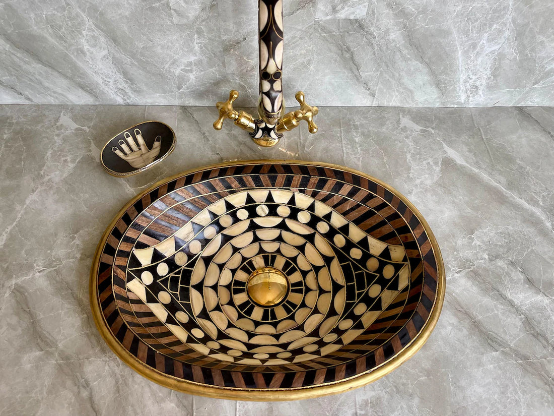 Hand-Studded Brass Sink & Faucet Set - "Eye Shape" Mosaic with Resin & Bone Inlay