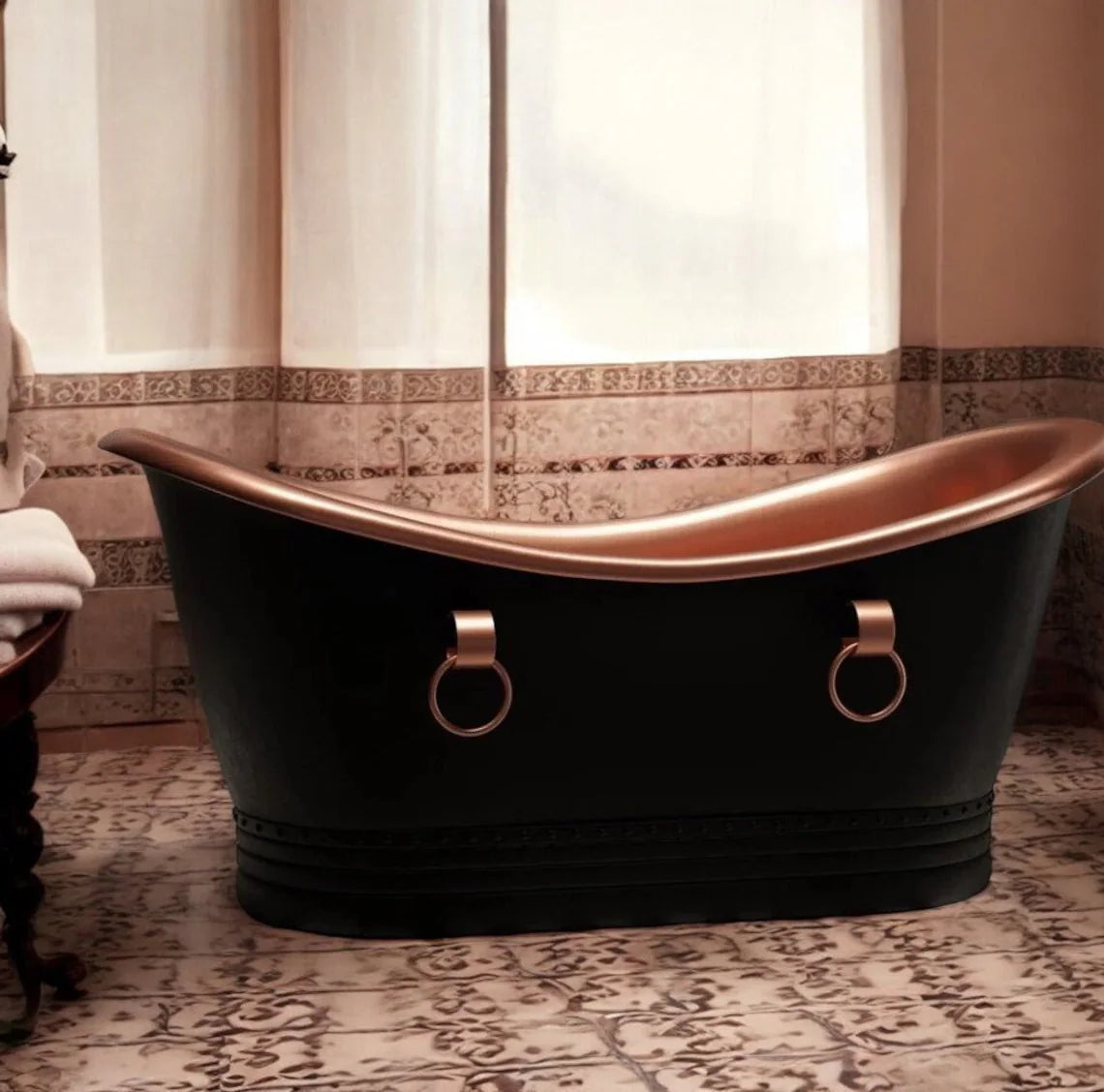 Handcrafted Black Patina Copper Bathtub - Luxury Freestanding Double Slipper Tub