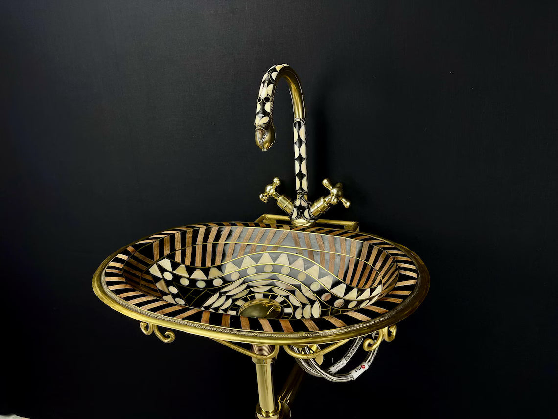Unlacquered Brass Bathroom Sink & Faucet Set - Black Resin & Bone Inlay
