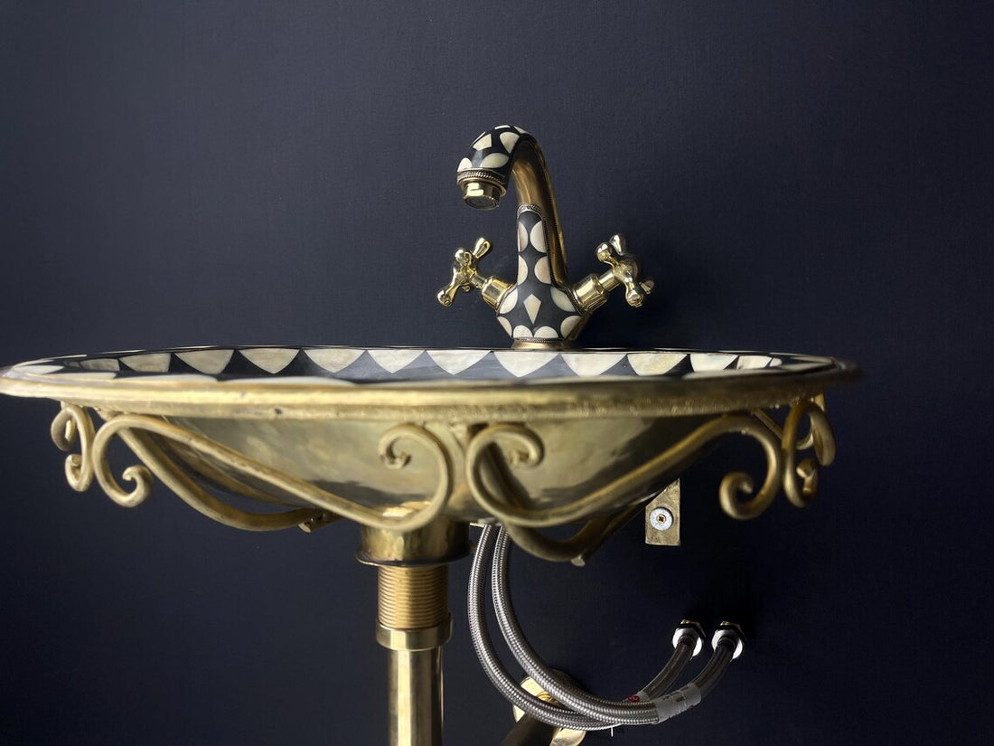 Geometric Bone Inlay Brass Sink Set - Unlacquered Brass & Black Resin