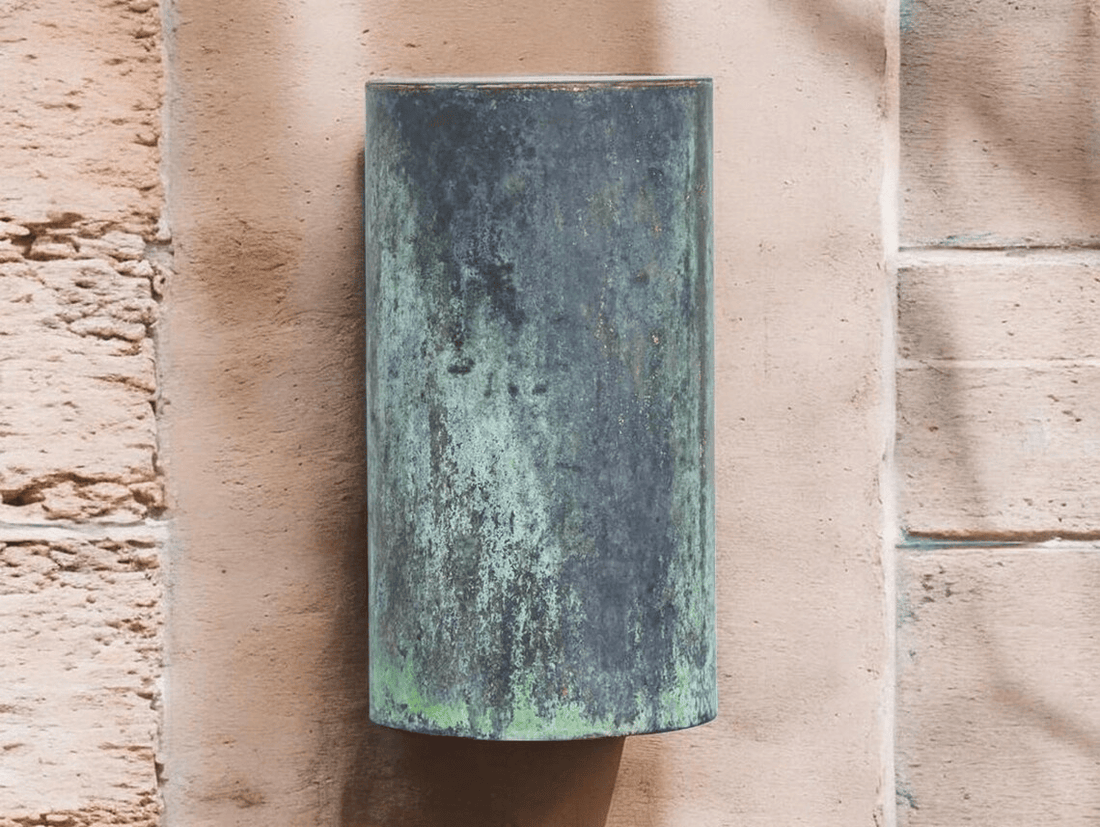 Hand-Hammered Cylindrical Copper Wall Sconce - Aged Verdigris Green Patina