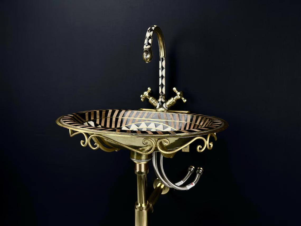 Unlacquered Brass Bathroom Sink & Faucet Set - Black Resin & Bone Inlay