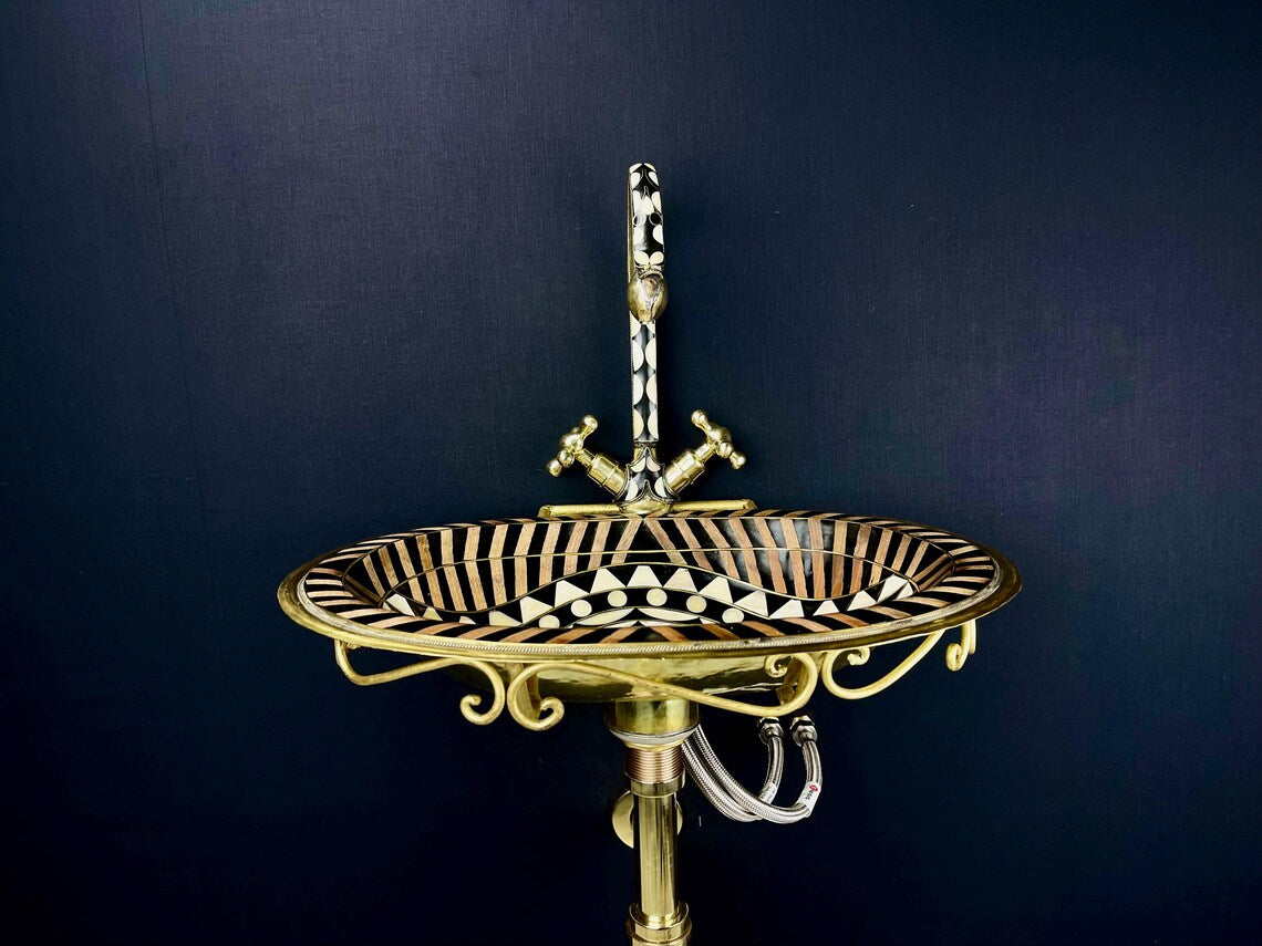 Unlacquered Brass Bathroom Sink & Faucet Set - Black Resin & Bone Inlay