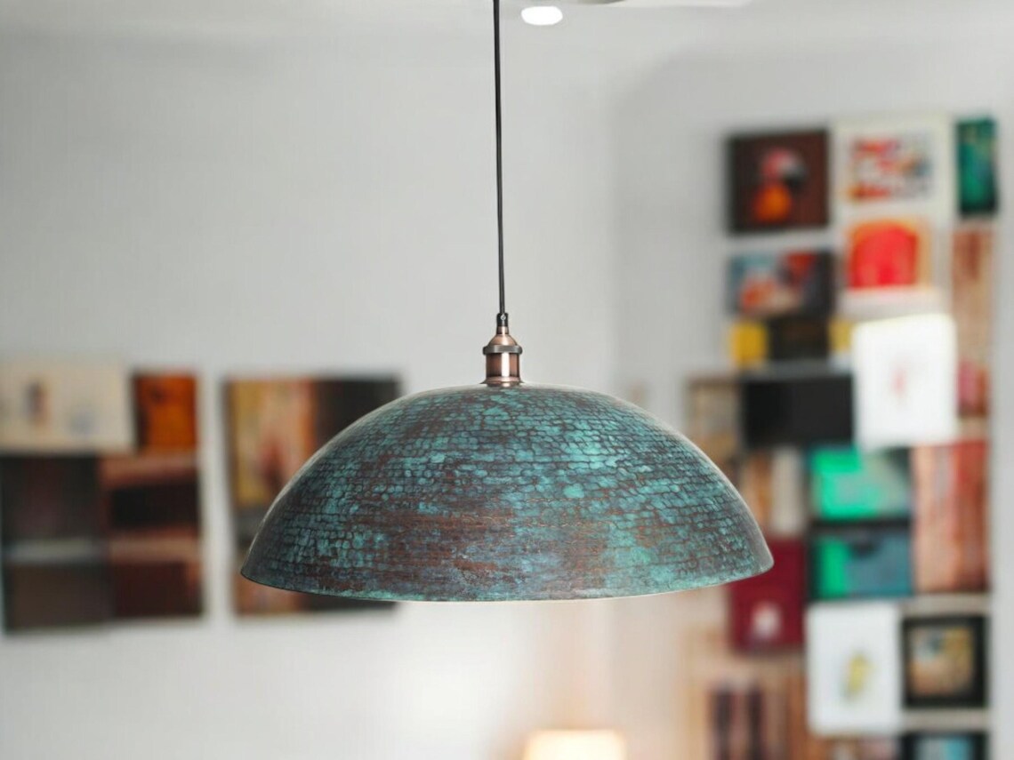Hand-Hammered Blue Patina Copper Dome Pendant Light