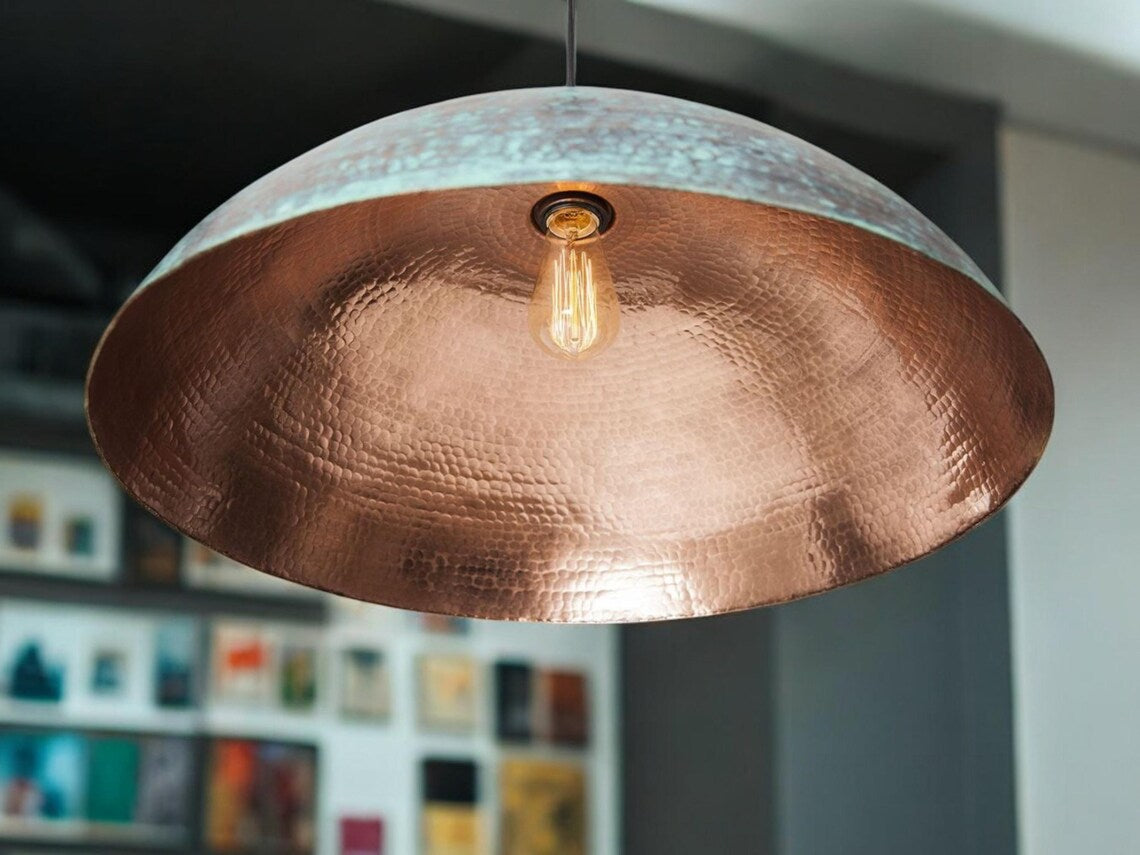 Hand-Hammered Blue Patina Copper Dome Pendant Light