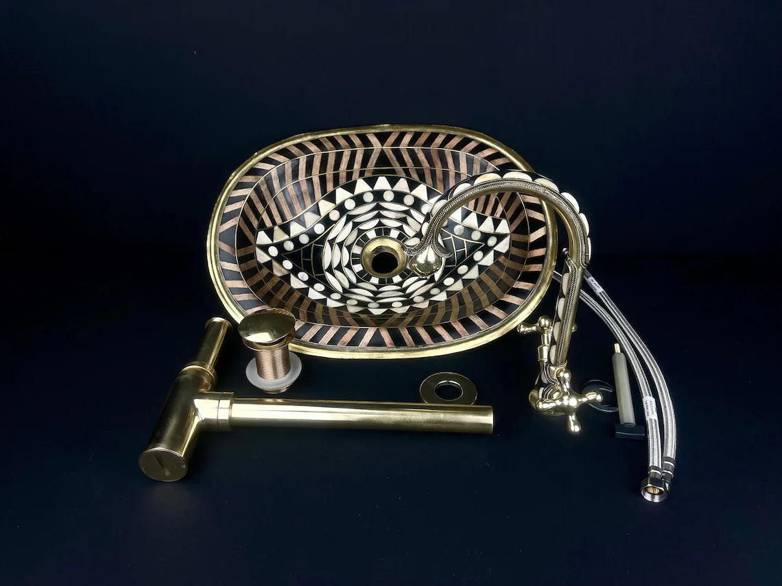 Unlacquered Brass Bathroom Sink & Faucet Set - Black Resin & Bone Inlay