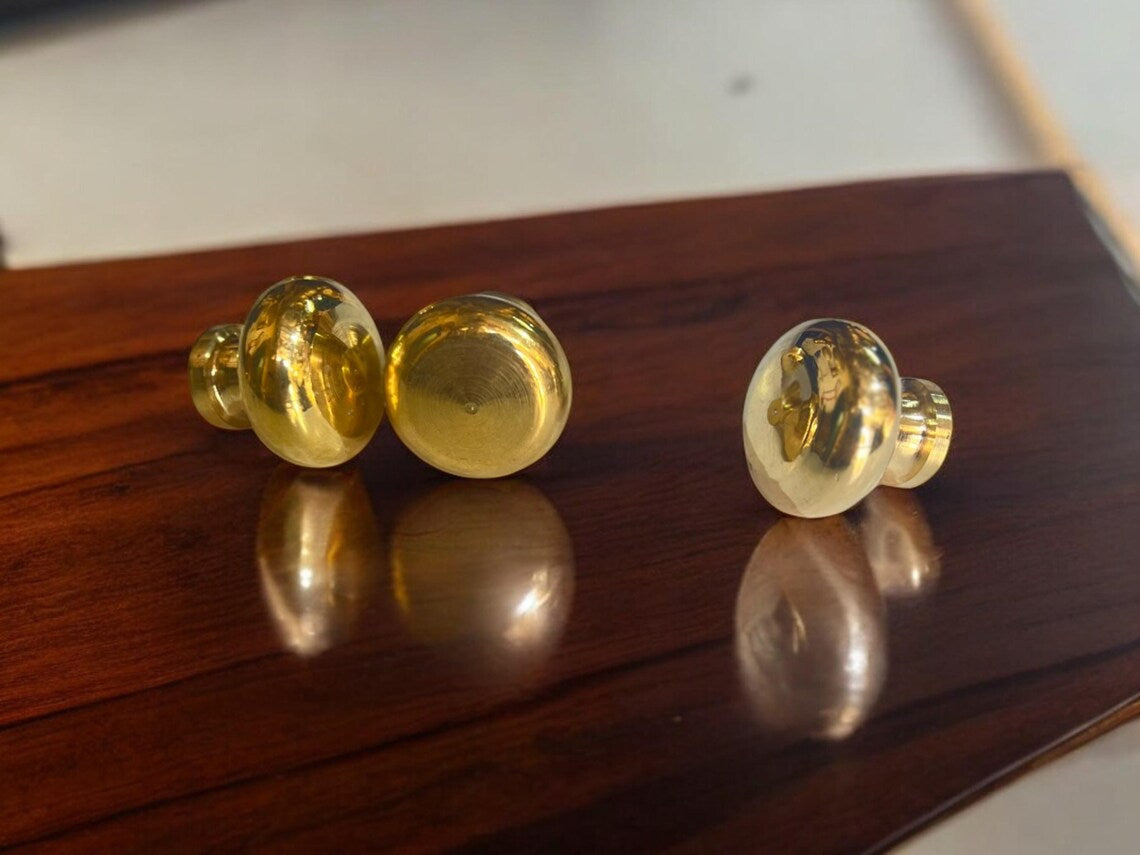 Solid Brass Mushroom Cabinet Knobs - Round Handcrafted Drawer Pulls