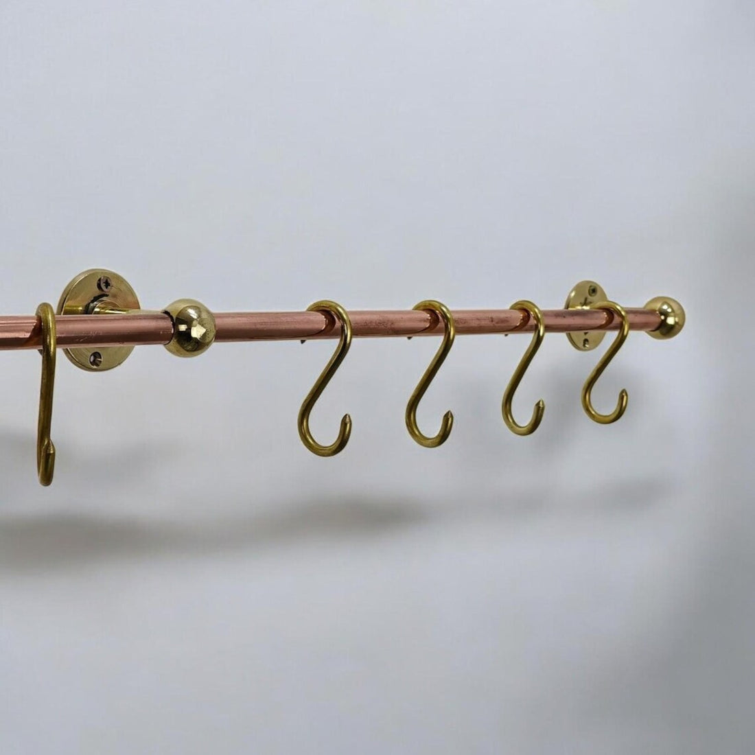 Solid Copper and Brass Kitchen Pot Rail - Wall Mounted Rack with Hooks