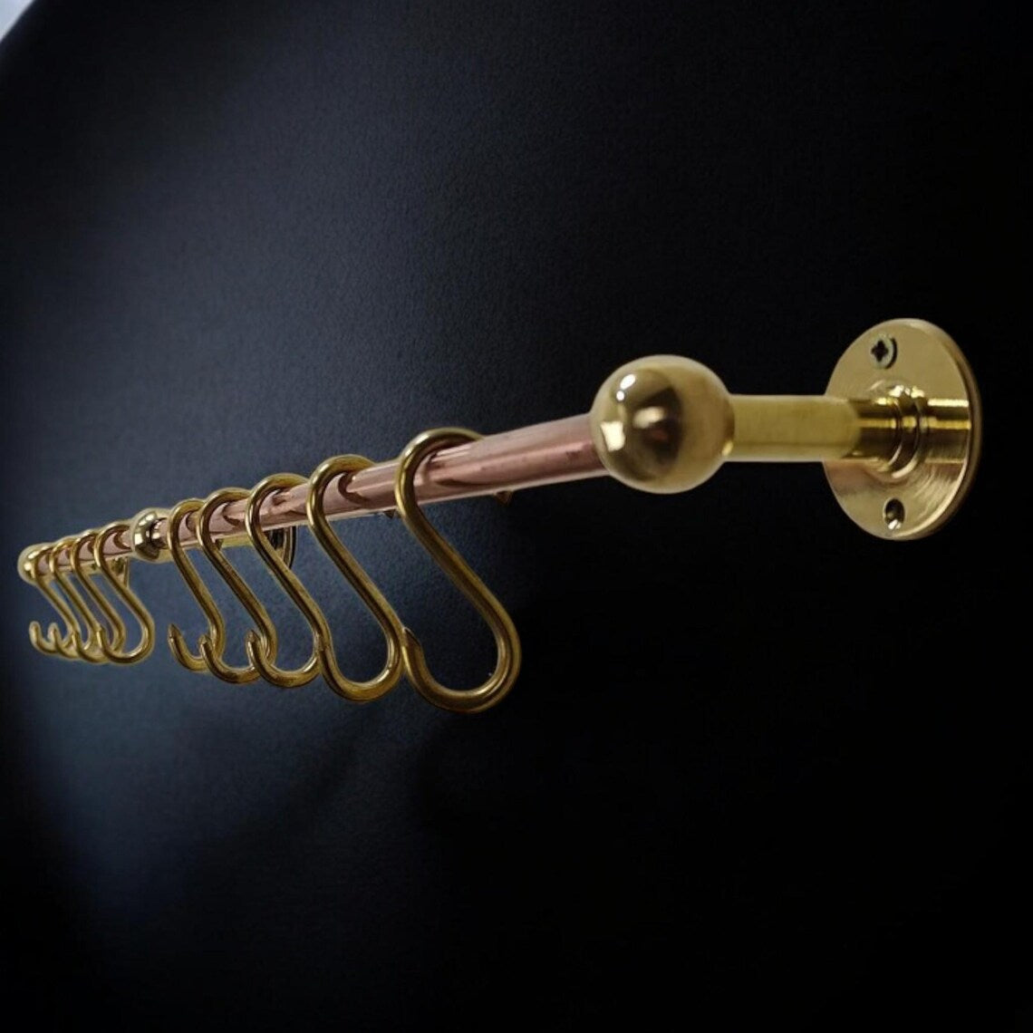 Solid Copper and Brass Kitchen Pot Rail - Wall Mounted Rack with Hooks