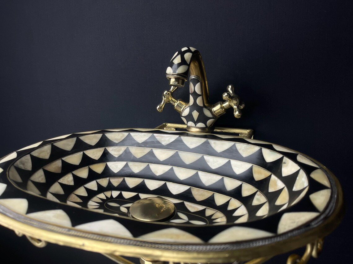 Geometric Bone Inlay Brass Sink Set - Unlacquered Brass & Black Resin