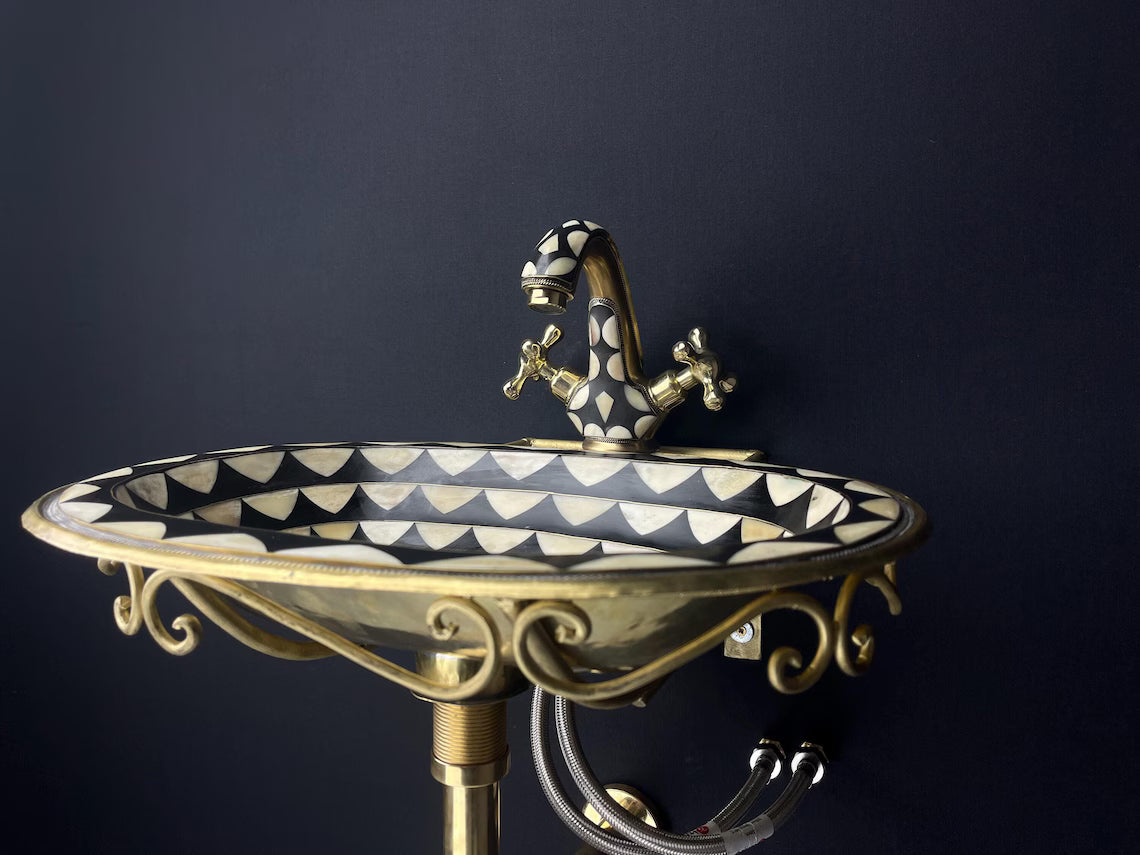Geometric Bone Inlay Brass Sink Set - Unlacquered Brass & Black Resin