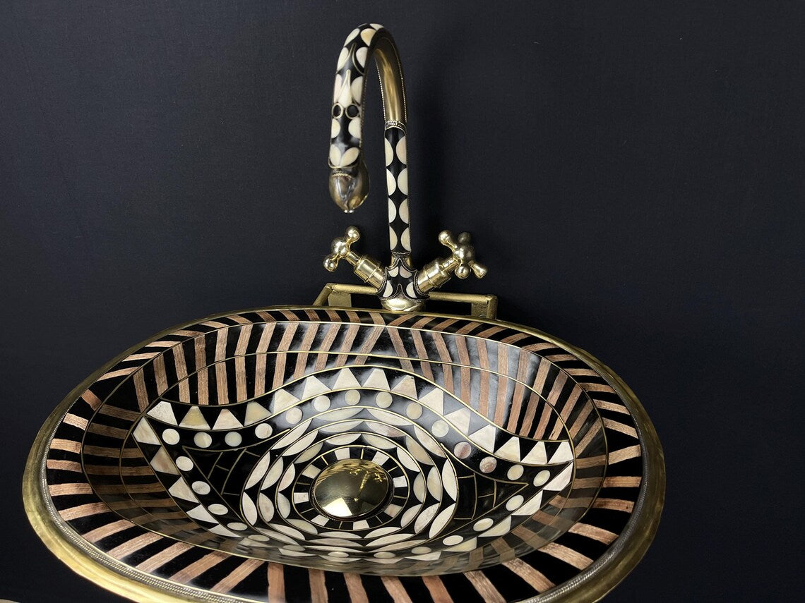 Unlacquered Brass Bathroom Sink & Faucet Set - Black Resin & Bone Inlay