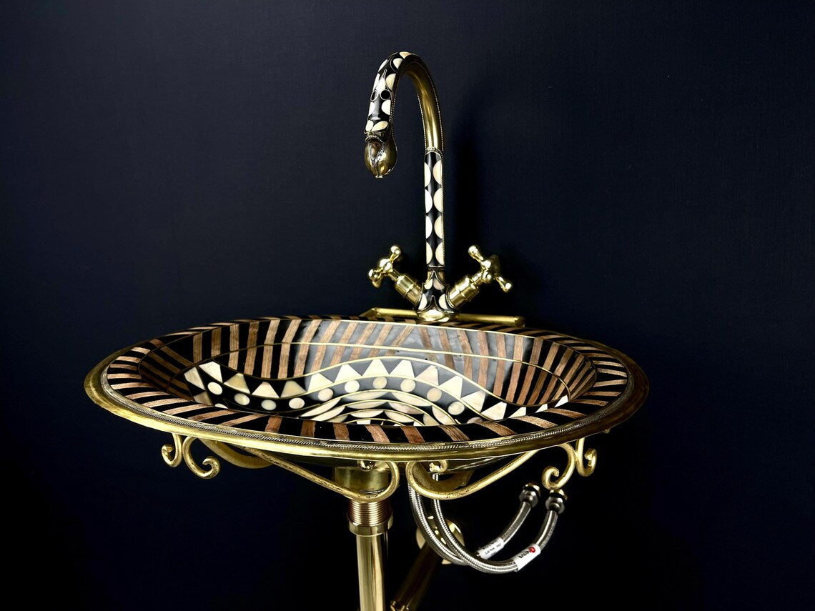 Unlacquered Brass Bathroom Sink & Faucet Set - Black Resin & Bone Inlay