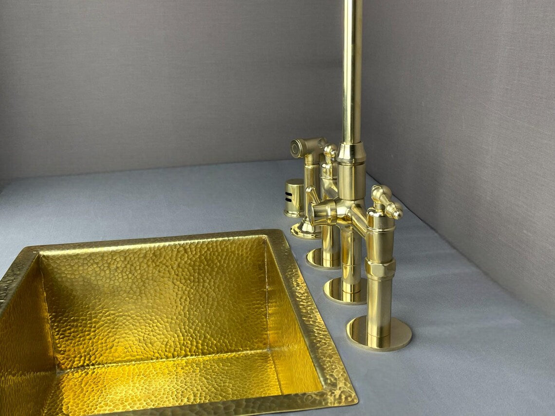 Luxury Unlacquered Brass Bridge Kitchen Faucet - 3-Hole Set with Side Sprayer & Air Gap