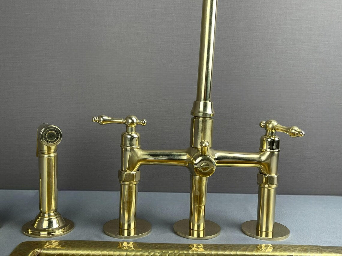 Luxury Unlacquered Brass Bridge Kitchen Faucet - 3-Hole Set with Side Sprayer & Air Gap