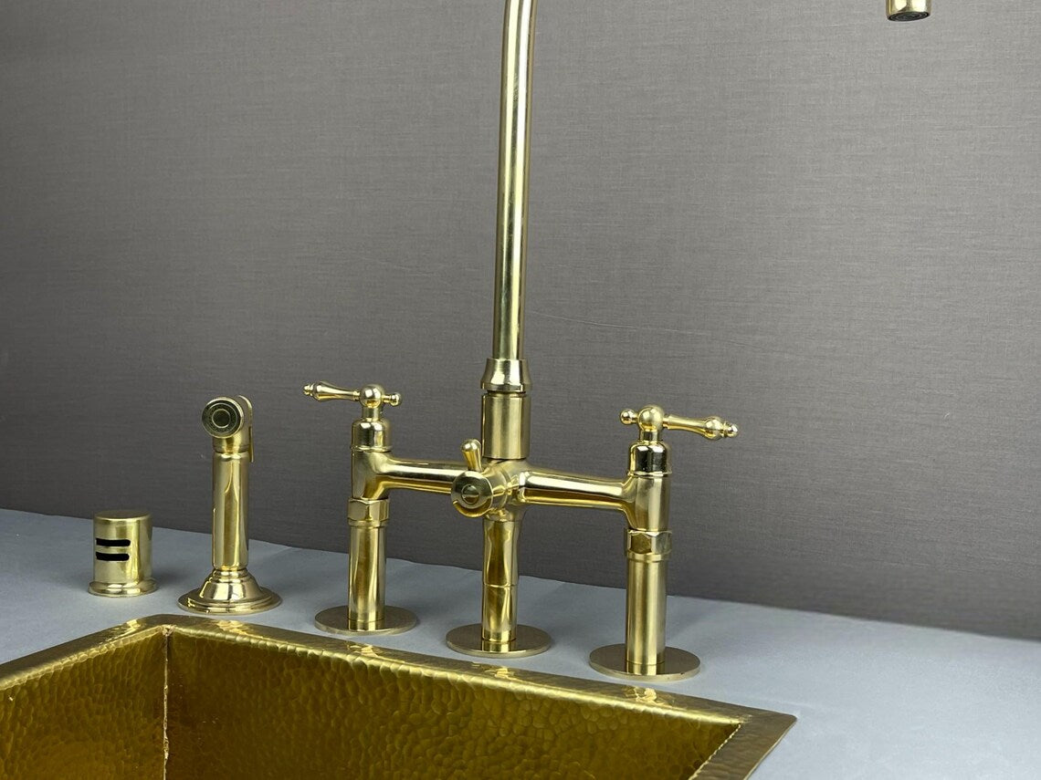 Luxury Unlacquered Brass Bridge Kitchen Faucet - 3-Hole Set with Side Sprayer & Air Gap