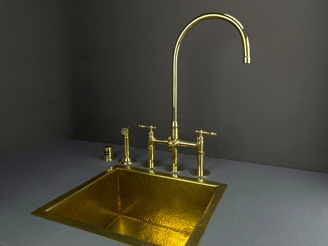 Luxury Unlacquered Brass Bridge Kitchen Faucet - 3-Hole Set with Side Sprayer & Air Gap