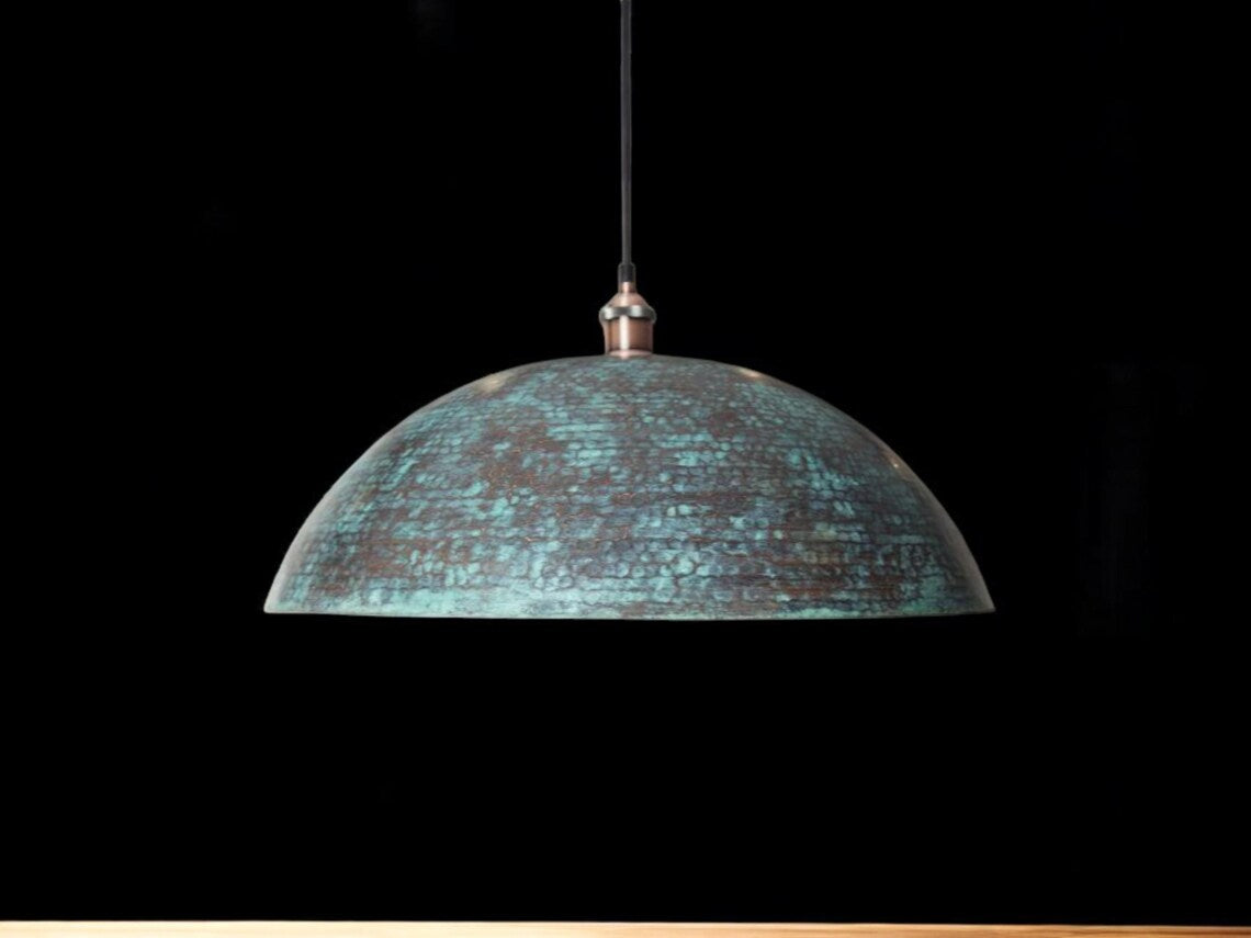 Hand-Hammered Blue Patina Copper Dome Pendant Light