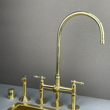 Luxury Unlacquered Brass Bridge Kitchen Faucet - 3-Hole Set with Side Sprayer & Air Gap