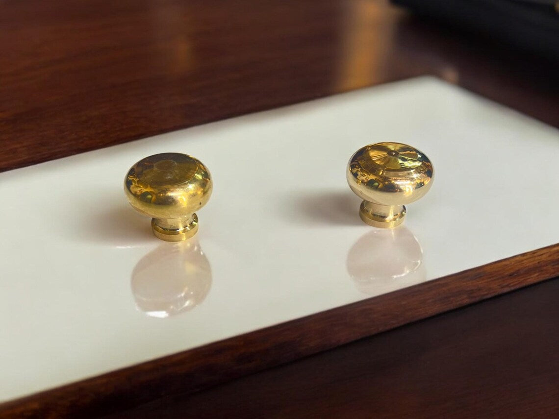 Solid Brass Mushroom Cabinet Knobs - Round Handcrafted Drawer Pulls