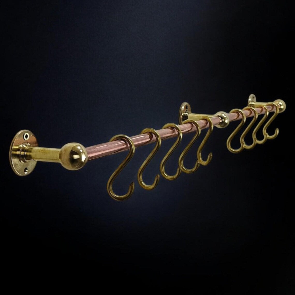 Solid Copper and Brass Kitchen Pot Rail - Wall Mounted Rack with Hooks