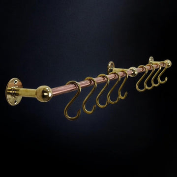 Solid Copper and Brass Kitchen Pot Rail - Wall Mounted Rack with Hooks