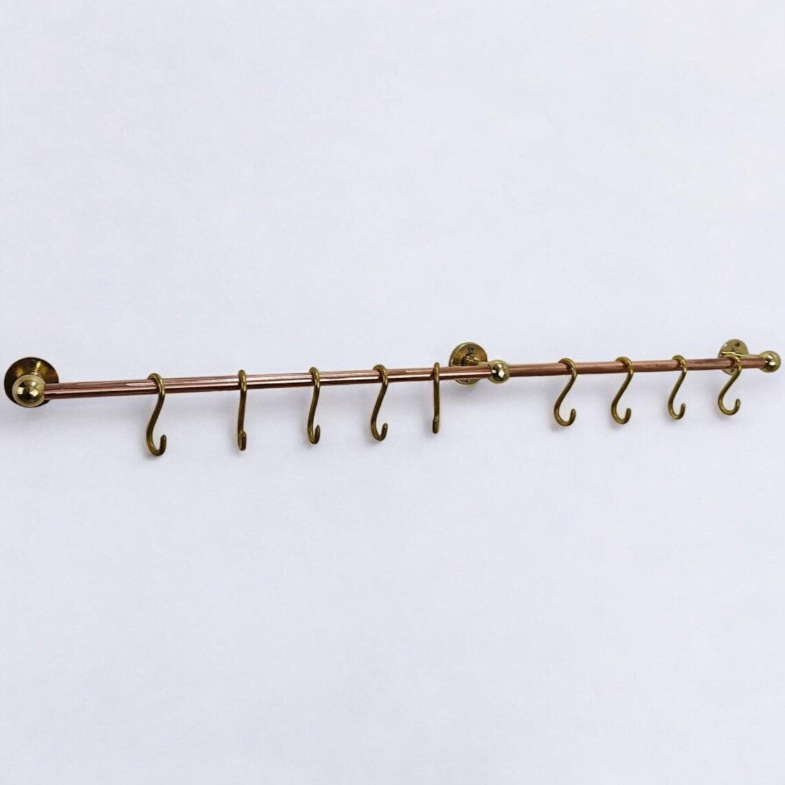 Solid Copper and Brass Kitchen Pot Rail - Wall Mounted Rack with Hooks