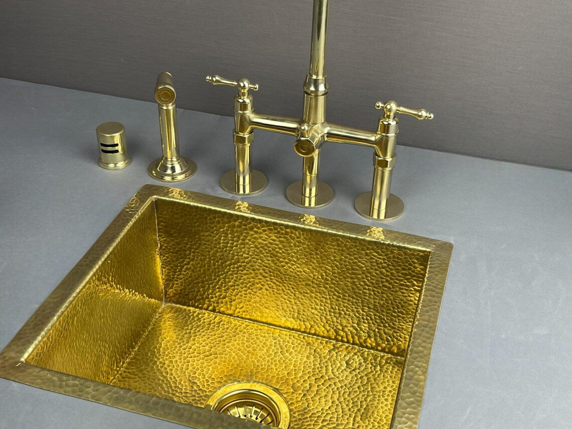 Luxury Unlacquered Brass Bridge Kitchen Faucet - 3-Hole Set with Side Sprayer & Air Gap