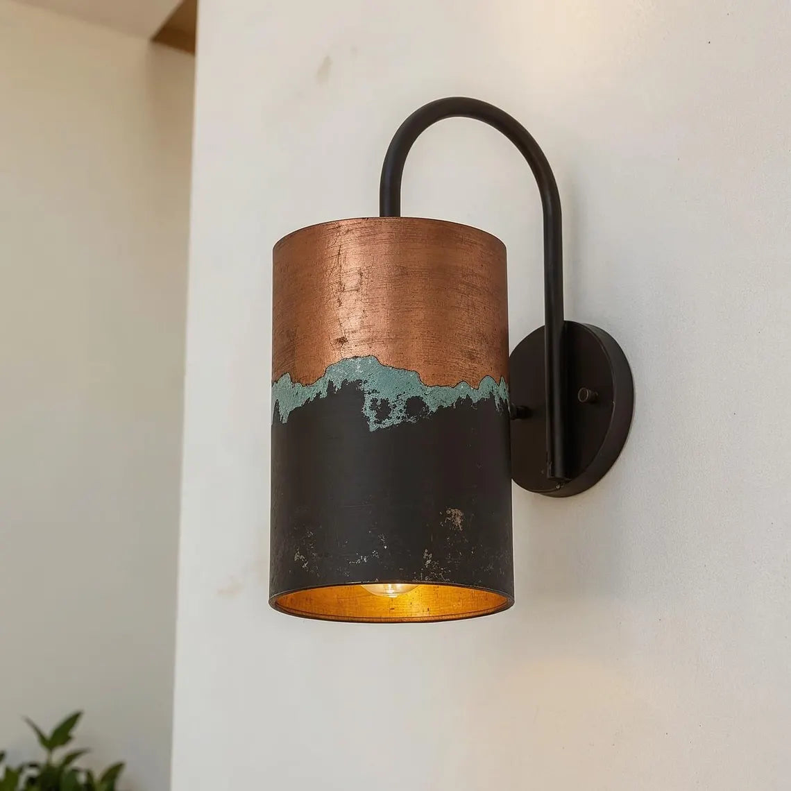 Hand-Hammered Copper Wall Sconce - Aged Patina & Matte Black