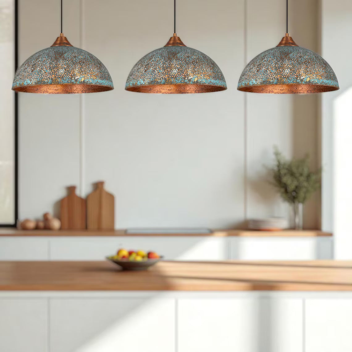 Hand-Hammered Blue Patina Copper Pendant Light