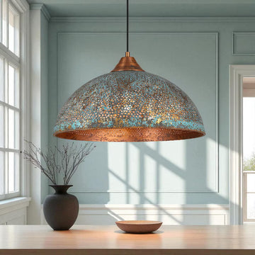 Hand-Hammered Blue Patina Copper Pendant Light