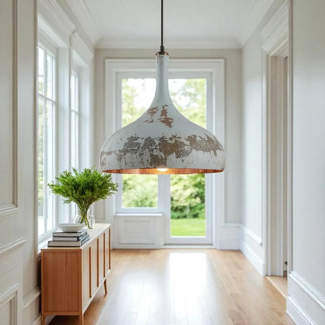 Hand-Hammered Copper Tear Pendant Light - Rustic White Patina