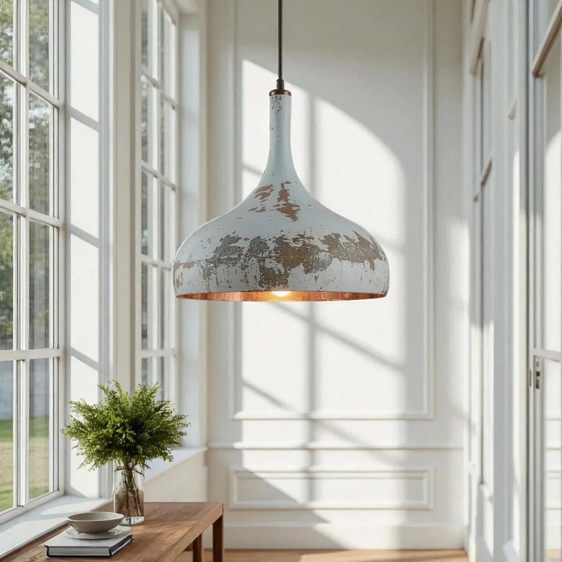 Hand-Hammered Copper Tear Pendant Light - Rustic White Patina