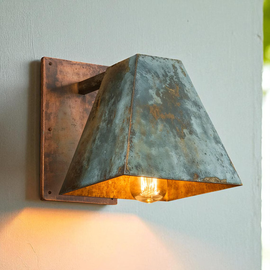 Hand-Hammered Geometric Copper Wall Sconce - Aged Green Patina Outdoor Light
