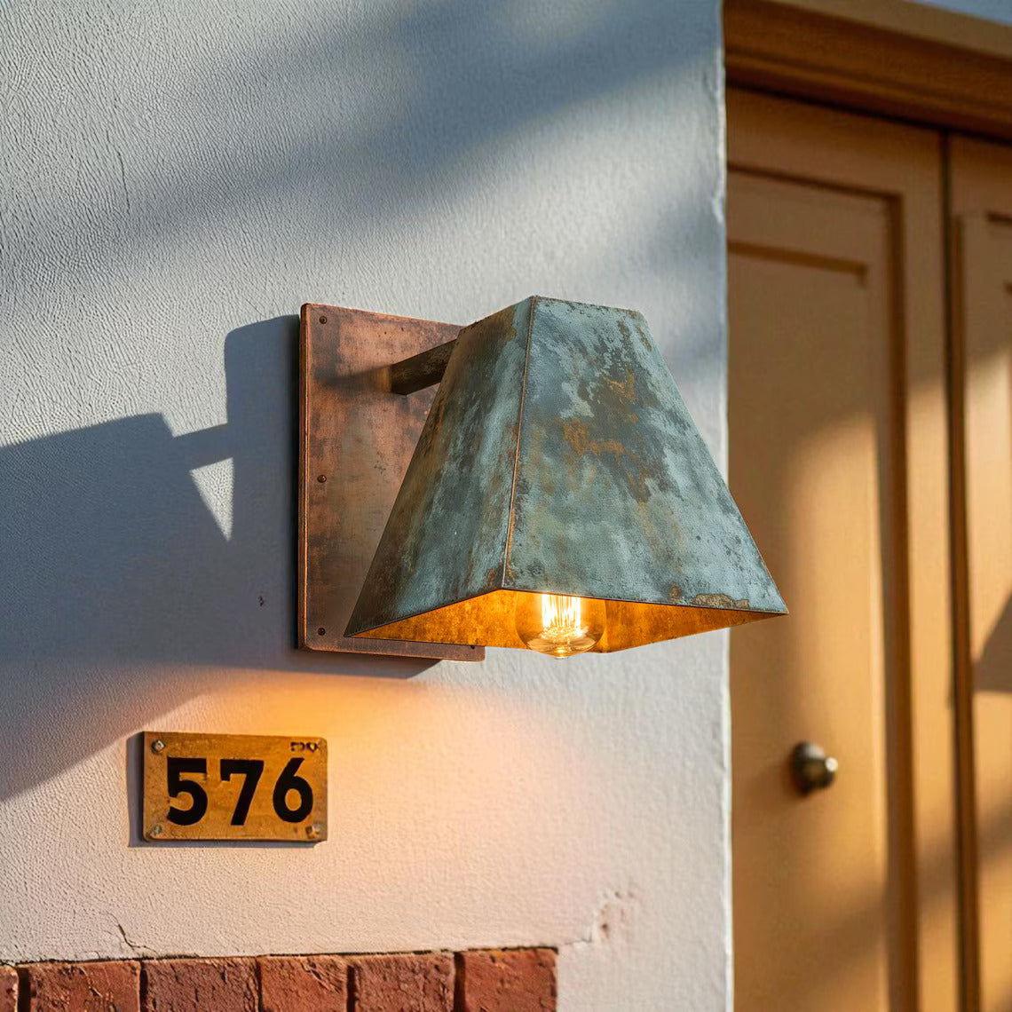 Hand-Hammered Geometric Copper Wall Sconce - Aged Green Patina Outdoor Light