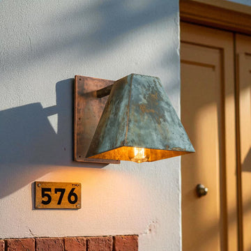 Hand-Hammered Geometric Copper Wall Sconce - Aged Green Patina Outdoor Light