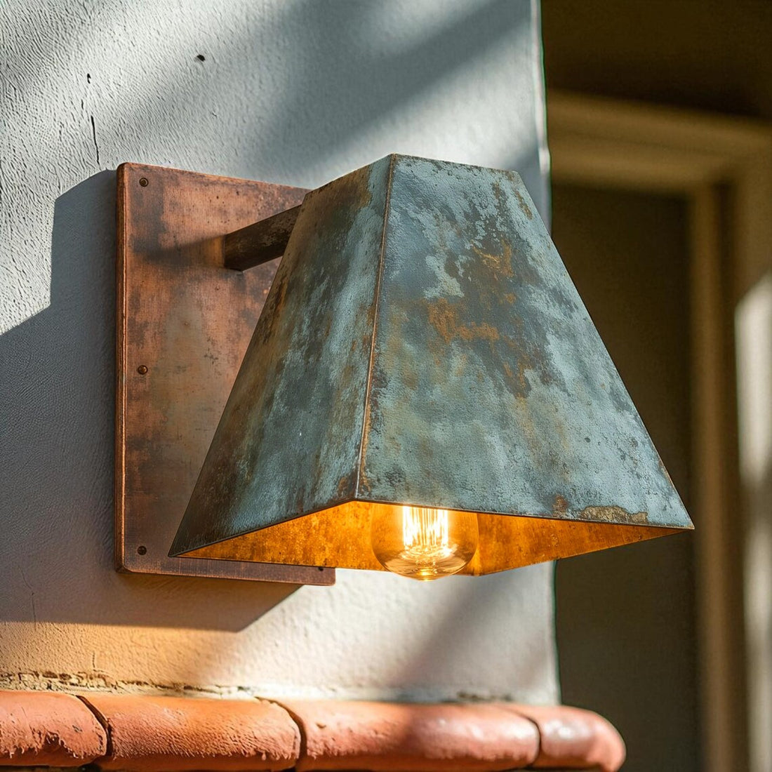 Hand-Hammered Geometric Copper Wall Sconce - Aged Green Patina Outdoor Light