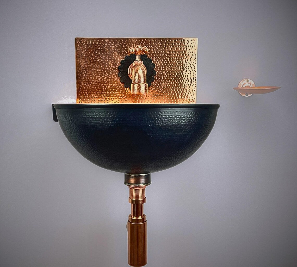 Hand-Hammered Black Copper Wall Mount Sink - Moroccan Basin