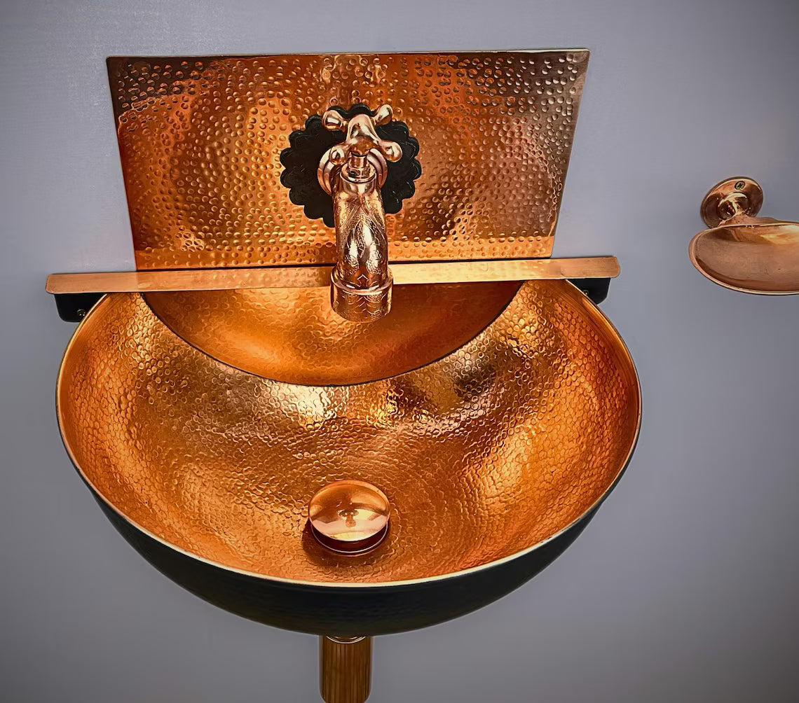 Hand-Hammered Black Copper Wall Mount Sink - Moroccan Basin