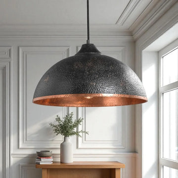 Hand-Hammered Black & Copper Dome Pendant Light - Industrial Ceiling Lamp