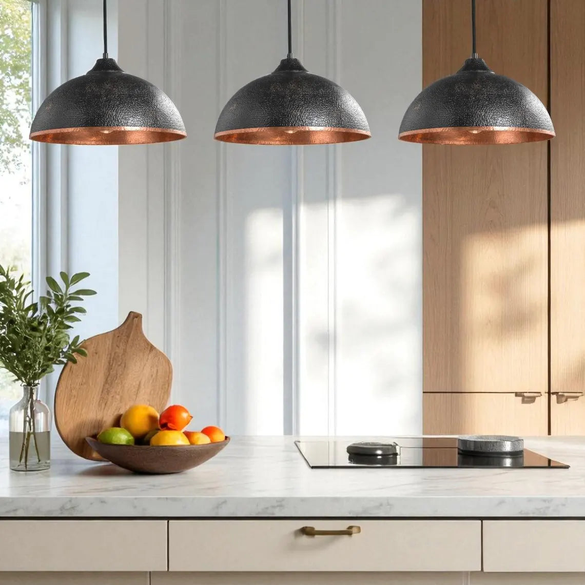 Hand-Hammered Black & Copper Dome Pendant Light - Industrial Ceiling Lamp