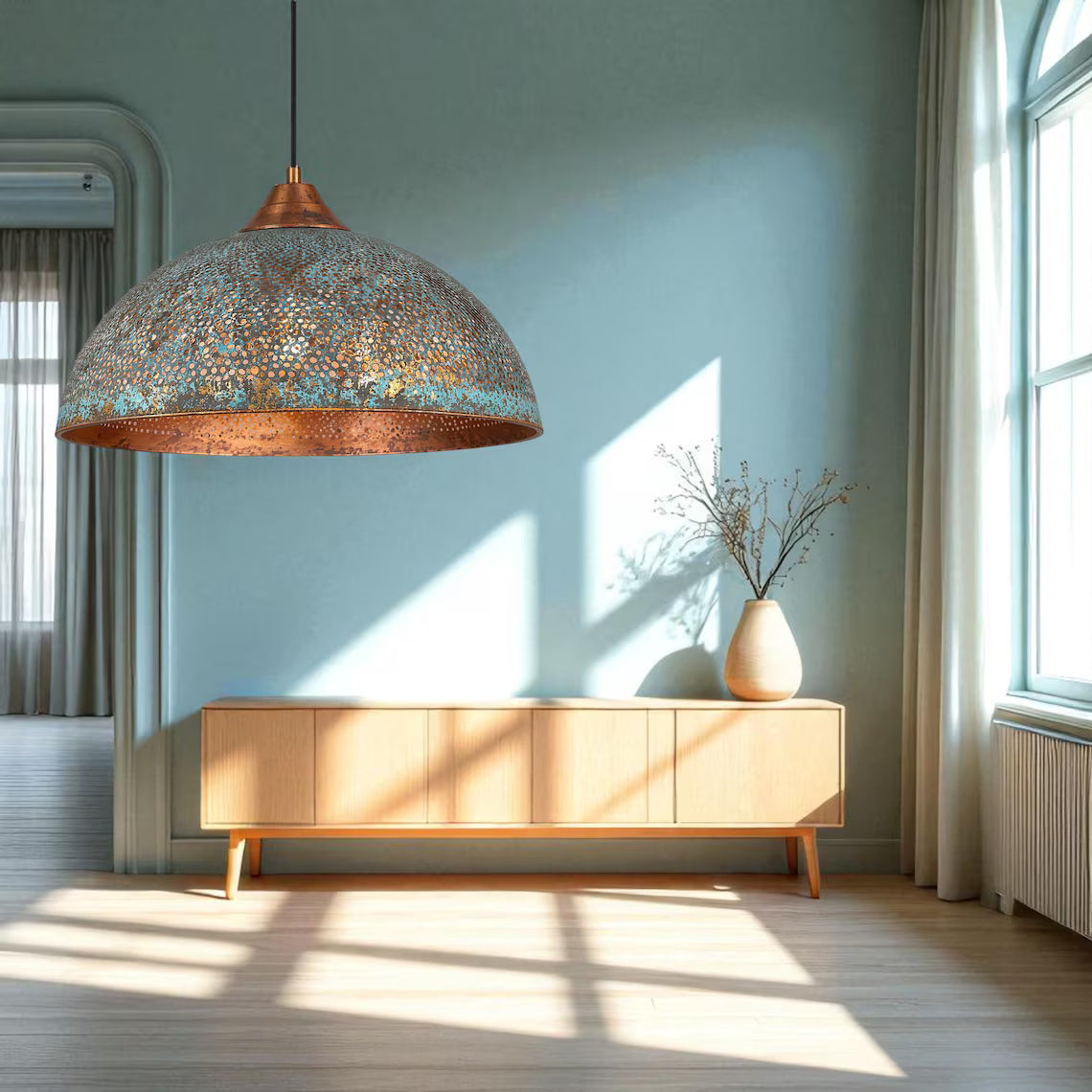 Hand-Hammered Blue Patina Copper Pendant Light