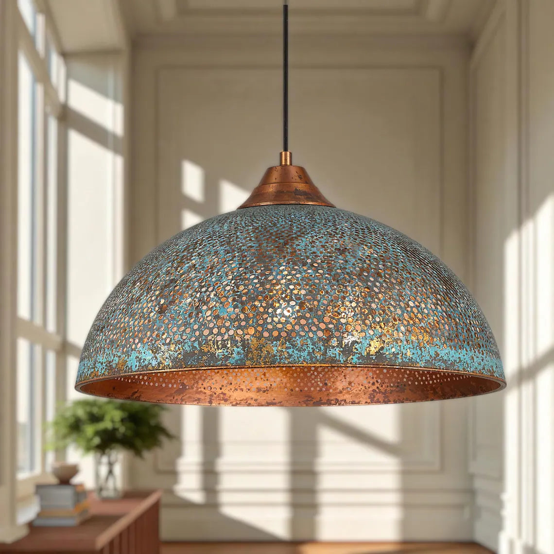 Hand-Hammered Blue Patina Copper Pendant Light