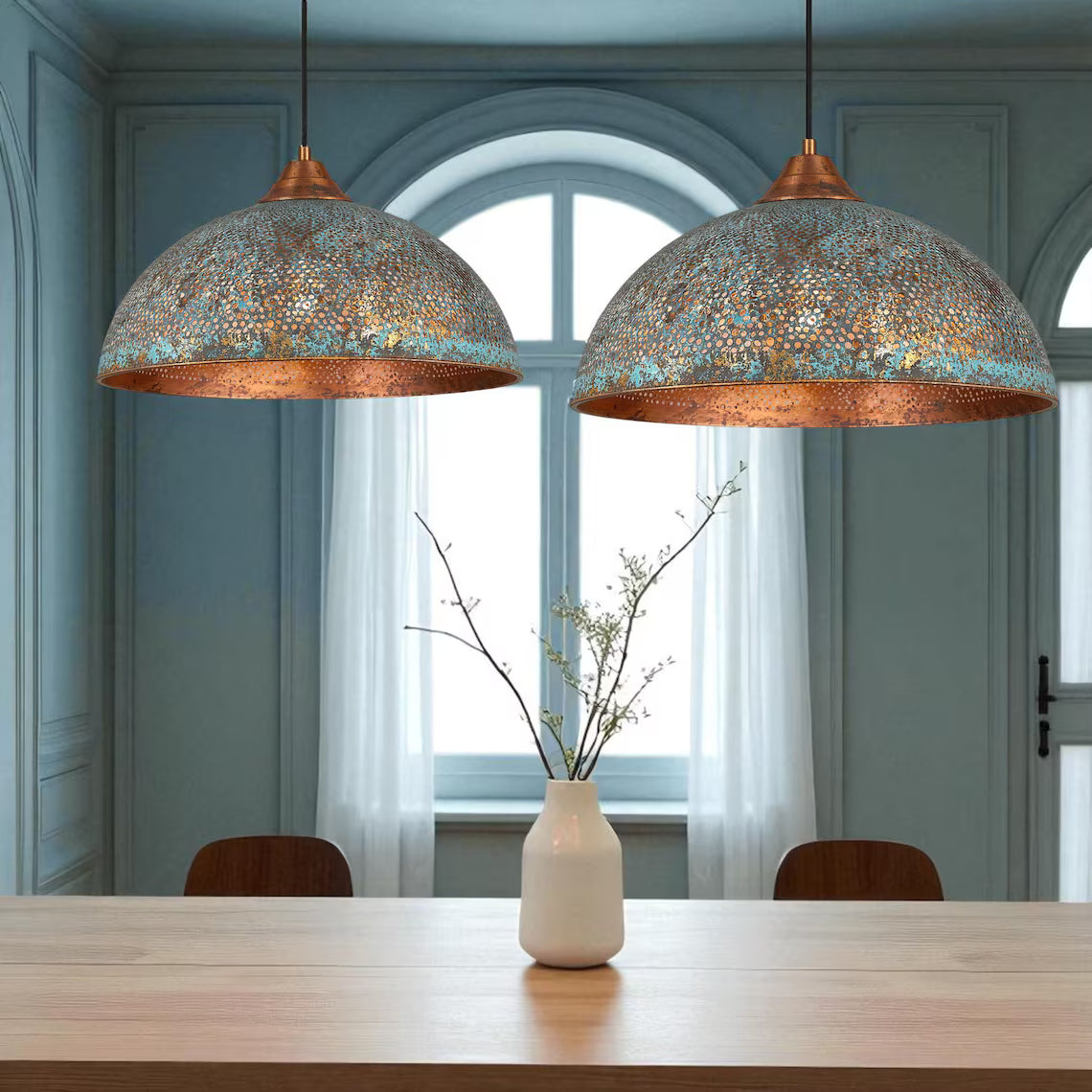Hand-Hammered Blue Patina Copper Pendant Light