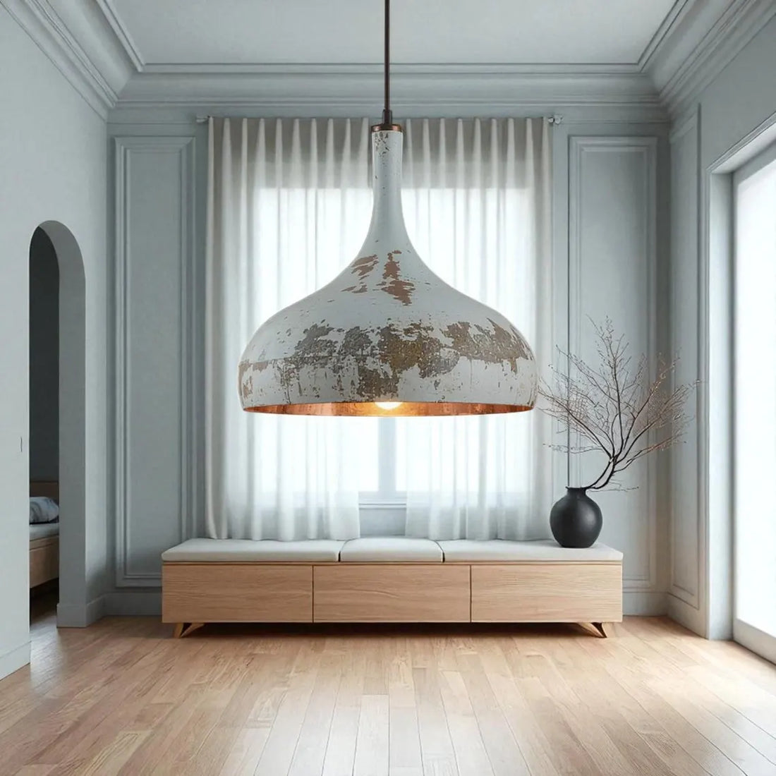 Hand-Hammered Copper Tear Pendant Light - Rustic White Patina