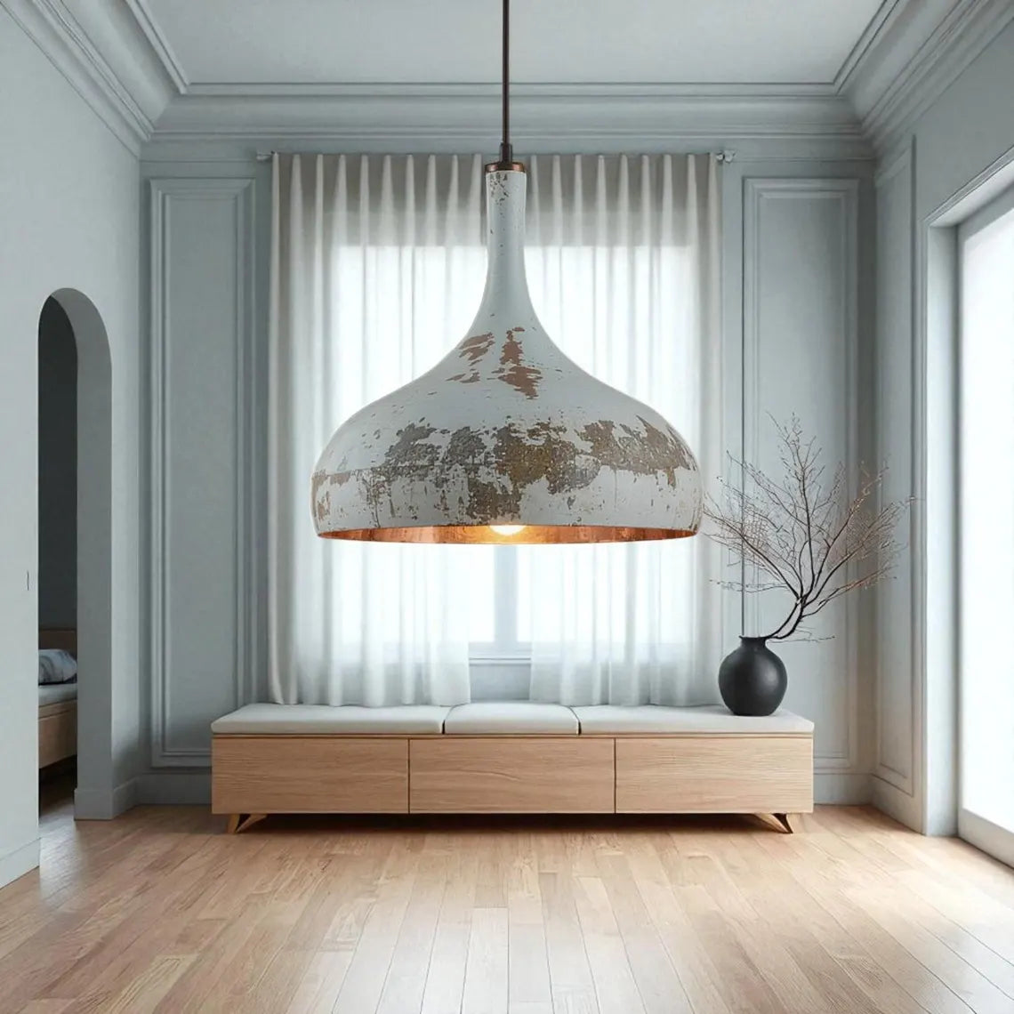 Hand-Hammered Copper Tear Pendant Light - Rustic White Patina