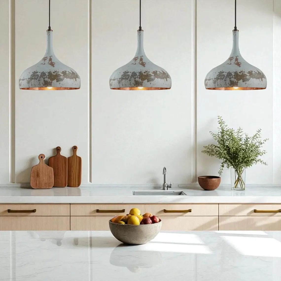 Hand-Hammered Copper Tear Pendant Light - Rustic White Patina