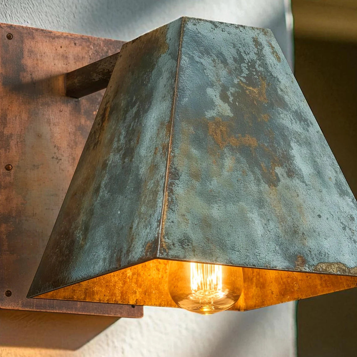 Hand-Hammered Geometric Copper Wall Sconce - Aged Green Patina Outdoor Light