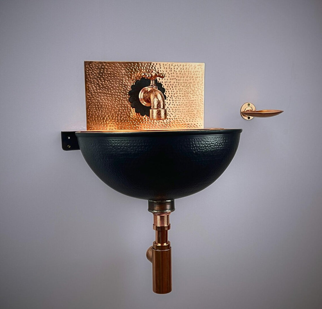 Hand-Hammered Black Copper Wall Mount Sink - Moroccan Basin