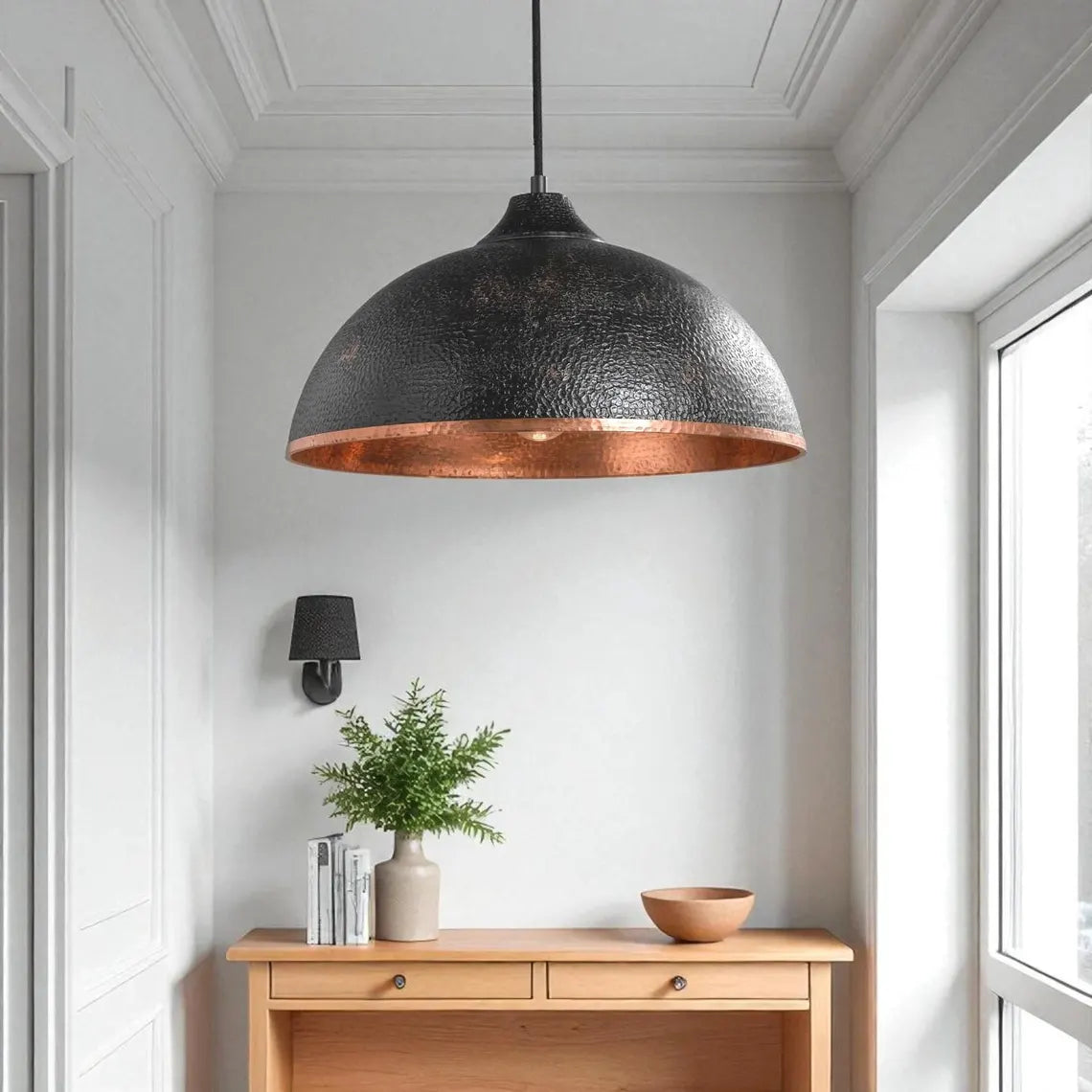 Hand-Hammered Black & Copper Dome Pendant Light - Industrial Ceiling Lamp